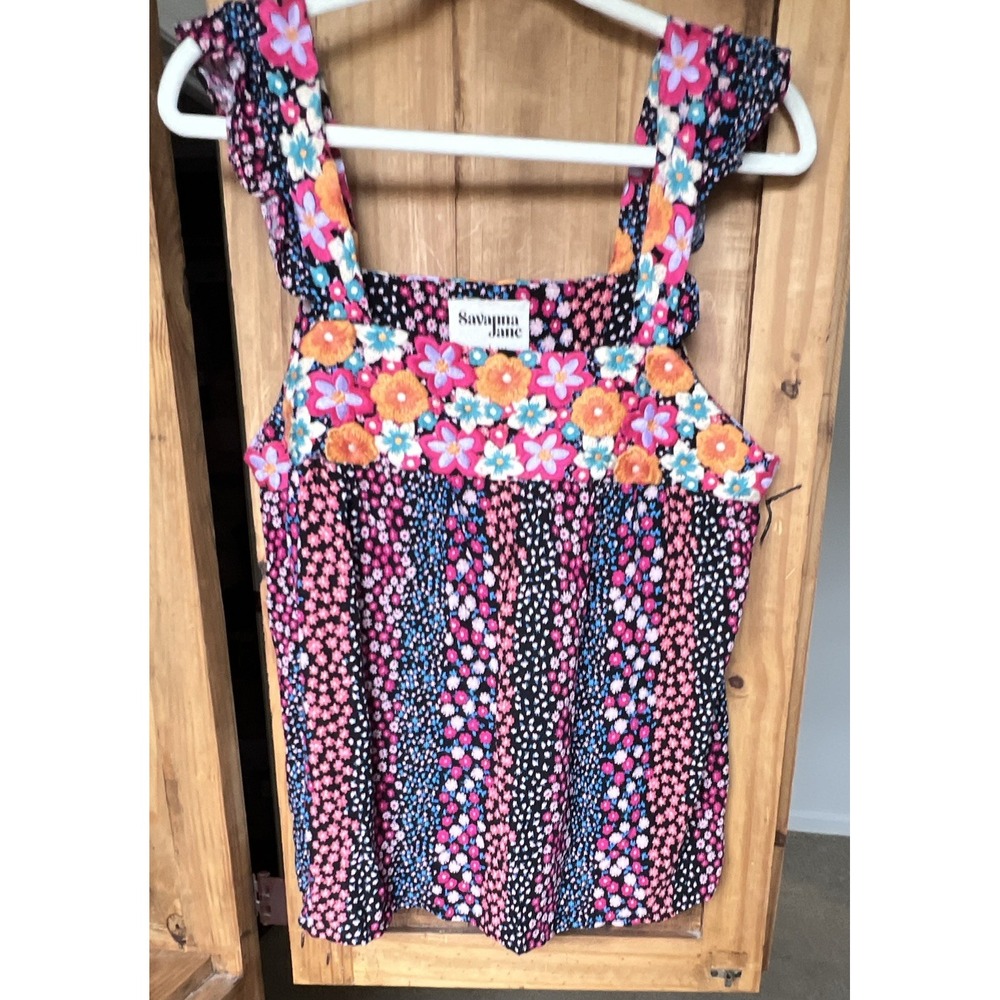 Women's Floral Print Embroidered Tank Top Ruffled Straps Large